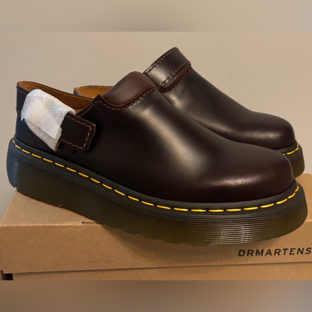 Dr. Martens Burgundy Leather Platform Clogs with Yellow Stitching